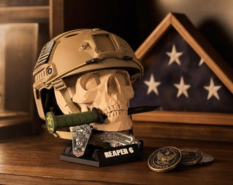 Dagger Edition Military Skull Display | Personalized Branch Insignia Dagger, Coin Holder Base & Nameplate | Veteran Retirement Gift