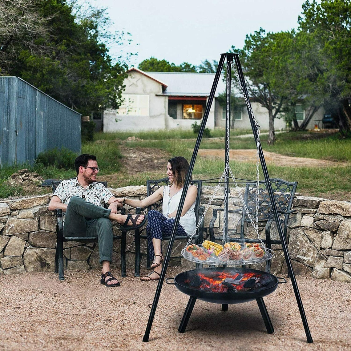 New Outdoor BBQ Fire Pit Bowl Tripod Hanging Grill adjustable Etsy
