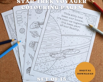 May include: A set of 15 Star Trek Voyager coloring pages with line art illustrations. The pages feature images of planets, spacecraft, and text that reads "This ship has been our home. It's kept us together. It's been part of our family."