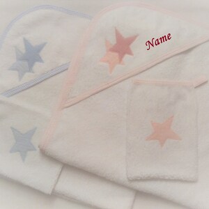Baby bath set with appliqué and desired name. Hooded bath towel and washcloth