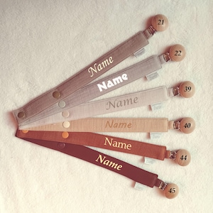 Prendedor de chupeta de musselina com nome * Anel de silicone, 4 tons de marrom * Presente para bebê, Natal