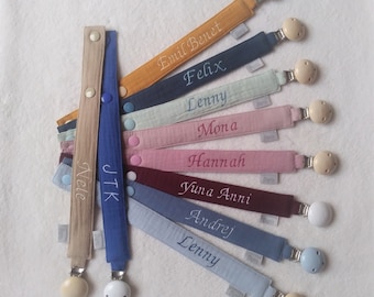 Pacifier strap made of plain muslin with name * silicone ring