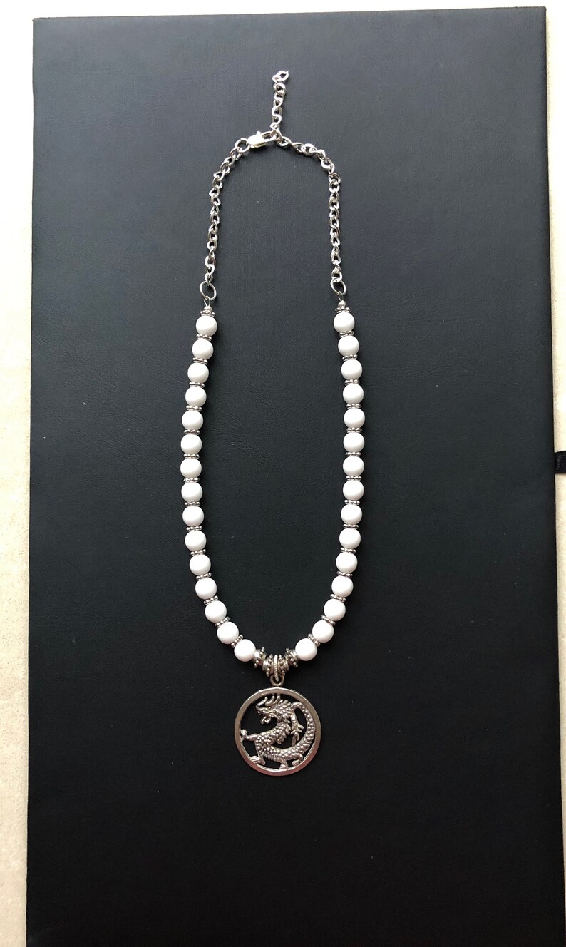 Short Necklace Chinese New Year Gift Chinese Zodiac Silver Chain Holiday Gift White Beaded Necklace Good Luck Silver Dragon Pendant
