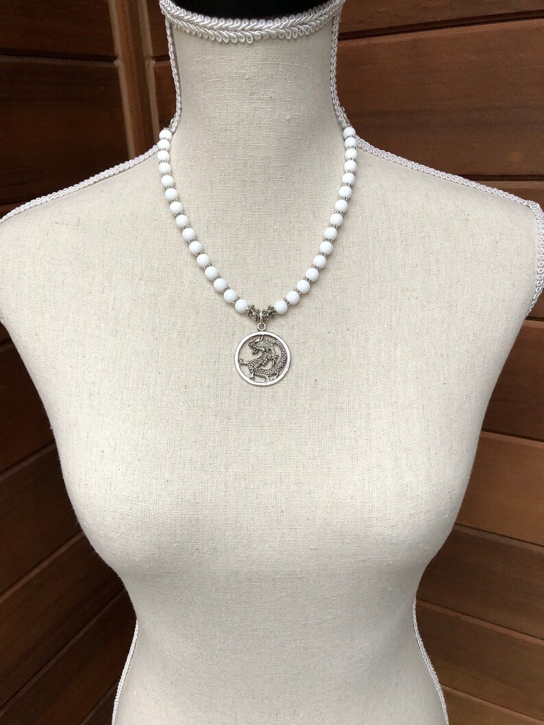 Short Necklace Chinese New Year Gift Chinese Zodiac Silver Chain Holiday Gift White Beaded Necklace Good Luck Silver Dragon Pendant