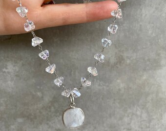 Clear Crystal Beaded Necklace & Moonstone Pendant, Moonstone Pendant Necklace, Station Necklace, Beaded Necklace, Layering Necklace, Silver