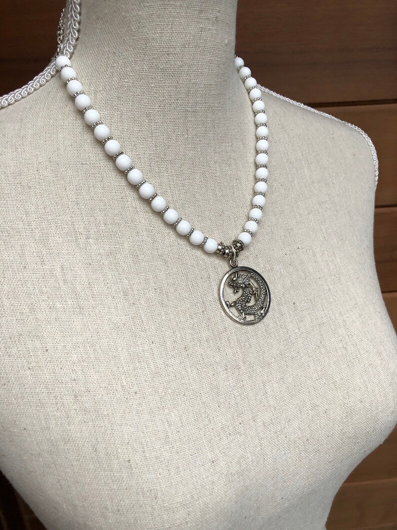 Short Necklace Chinese New Year Gift Chinese Zodiac Silver Chain Holiday Gift White Beaded Necklace Good Luck Silver Dragon Pendant