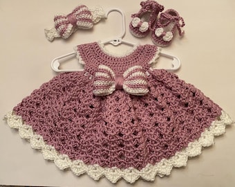 Crochet Baby Dress Set: Handmade Outfit with Booties & Headband