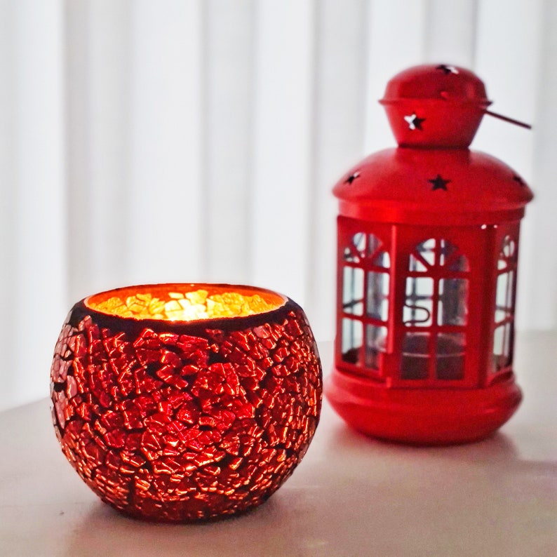 Red Candle Holder Glass Hand Blown Decorative Golden Candles Container Made in Palestine Holy Land Home Decor
