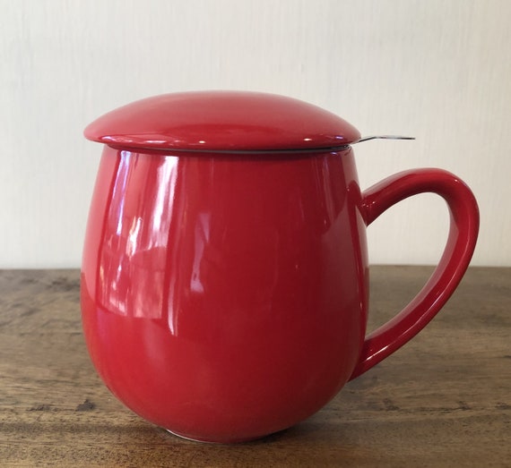 Tea Mug Red Ceramic With Strainer & Drip Cup Lid Etsy