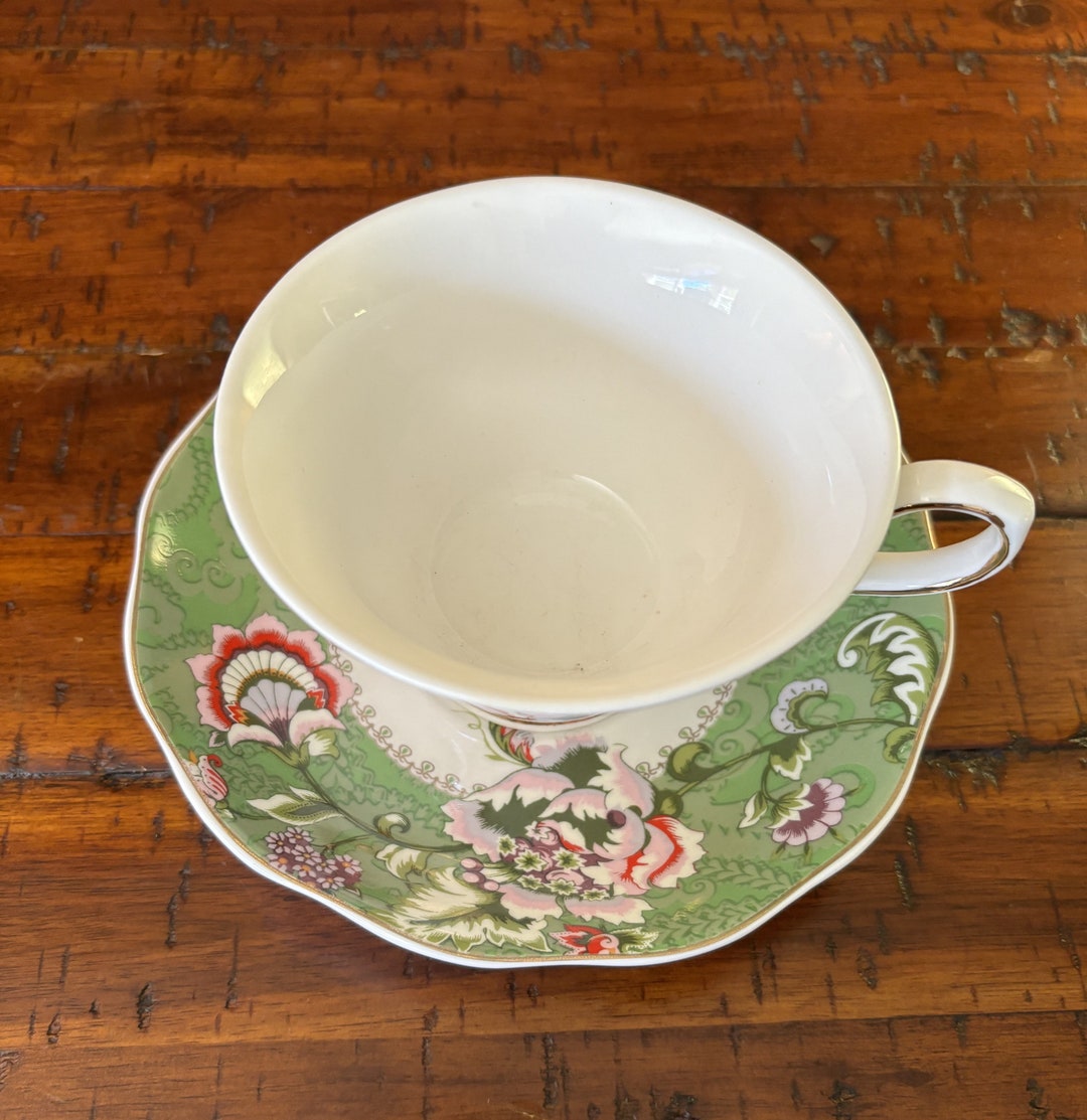 Tea Cup and Saucer Green Floral Pattern Etsy