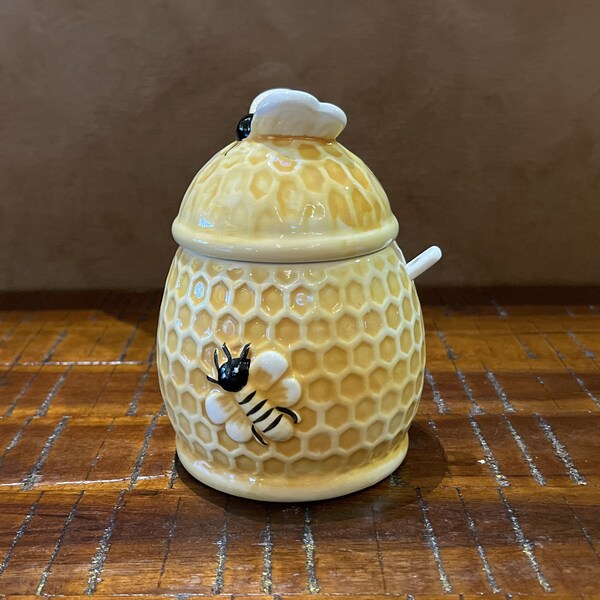 Pot à miel avec cuillère en céramique -Nid d’abeille -Jaune