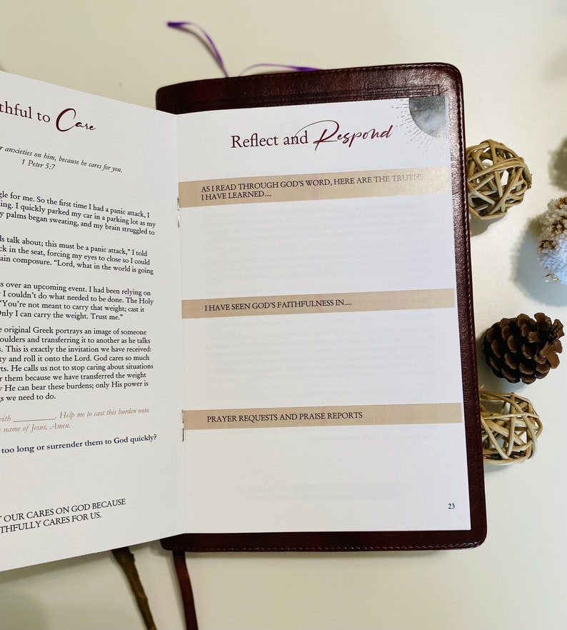 May include: A close-up of a brown leather-bound journal with a cream-colored page. The page has a section titled "Reflect and Respond" with the text "As I read through God's word, here are the truths I have learned..." and "I have seen God's faithfulness in..."  The page also has a section titled "Prayer Requests and Praise Reports".