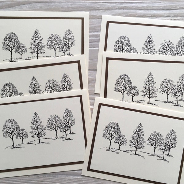 Brown trees note cards, set of 6, tree note cards, blank inside