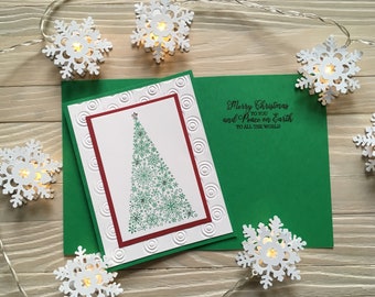 Sparkle snowflake tree Christmas card (C123), red on green, holiday card, seasonal card