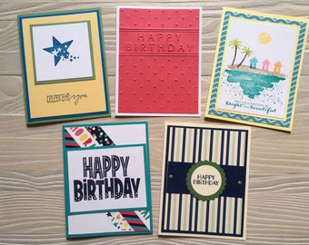 Gender Neutral Birthday Card bundle, set of 5 cards and envelopes, Handmade Cards, masculine birthday cards, multi age cards