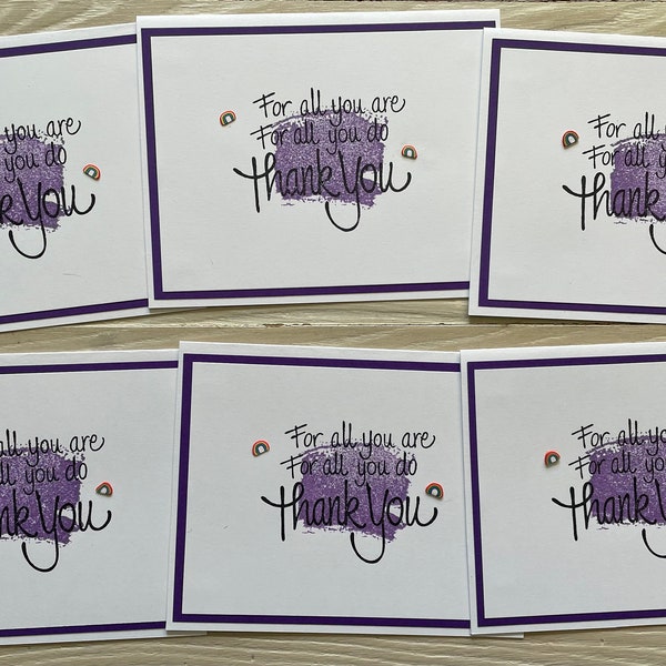 For All You Are thank you note cards, set of 6 with envelopes, purple, rainbow embellishments, hand stamped, blank inside
