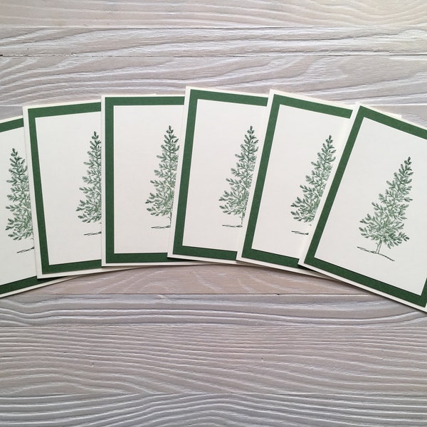 Fir tree note cards, set of 6 with envelopes, green fir tree cards, hand stamped, blank inside