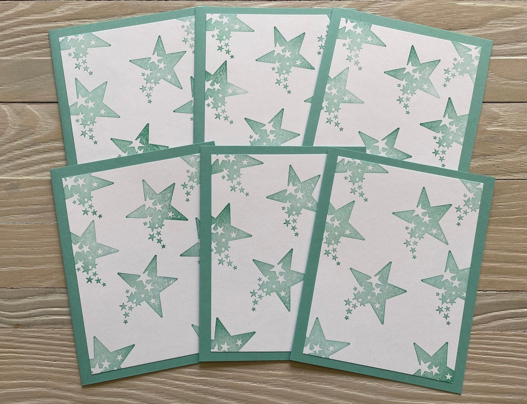 Light Teal Sprinkled Stars Note Cards With Envelopes, Hand Stamped, Set