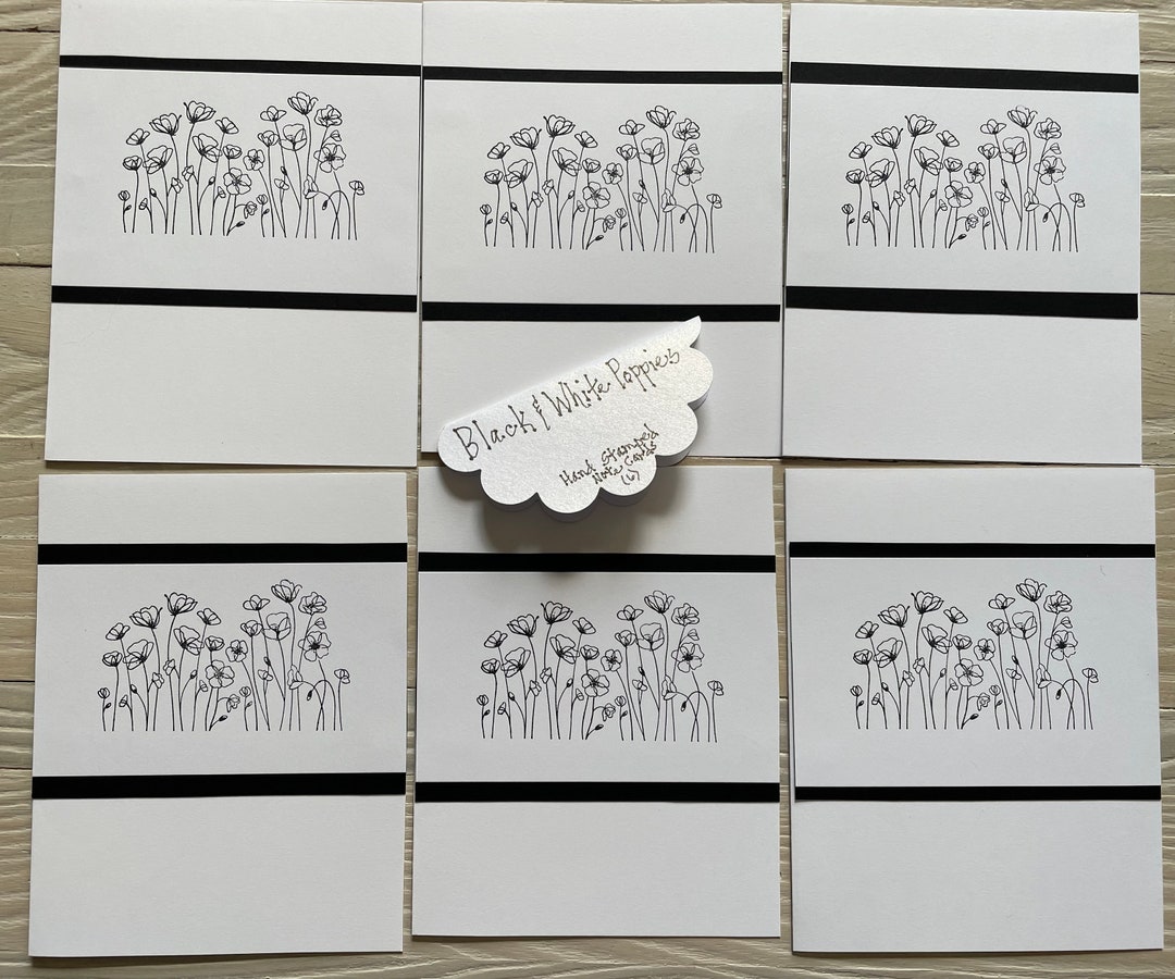 Hand Stamped Black & White Poppies Note Cards - Set of 6 - Etsy