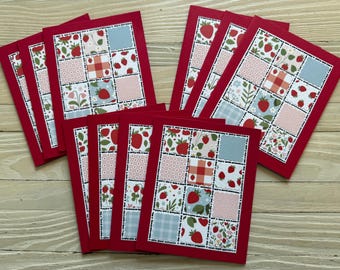 Strawberry Fields patchwork quilt note cards, set of 10 deluxe notes and envelopes, blank inside