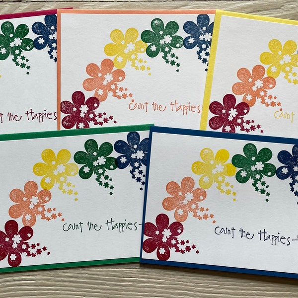 Rainbow Flowers note cards, set of 5 with envelopes, stamped flowers in rainbow colors, hand stamped, blank inside