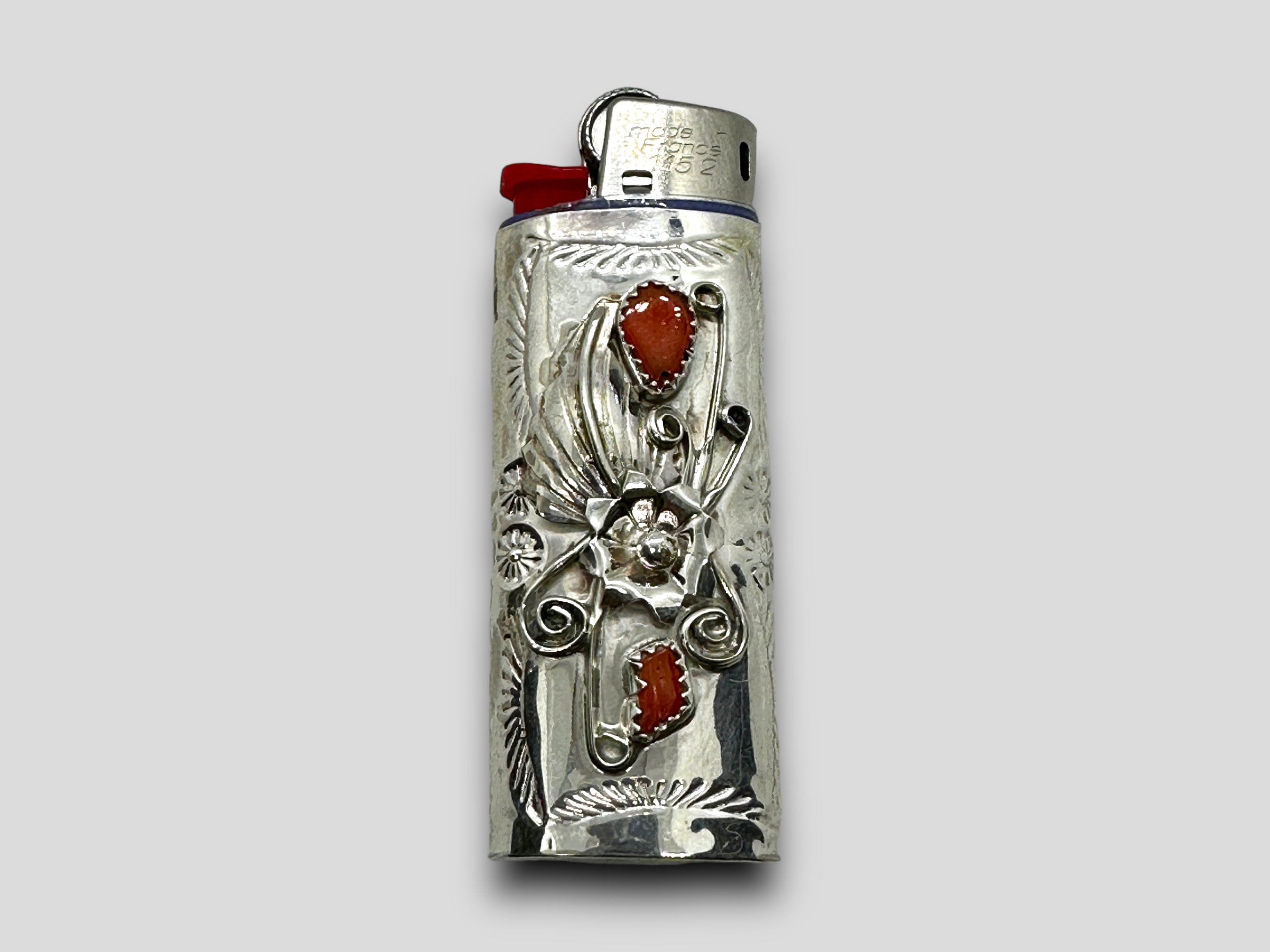 Navajo made sterling silver turquoise and red coral silverwork lighter case