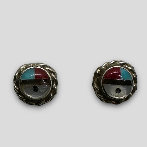 Sterling Silver Zuni Handmade Inlay Sun Face Stud Earrings