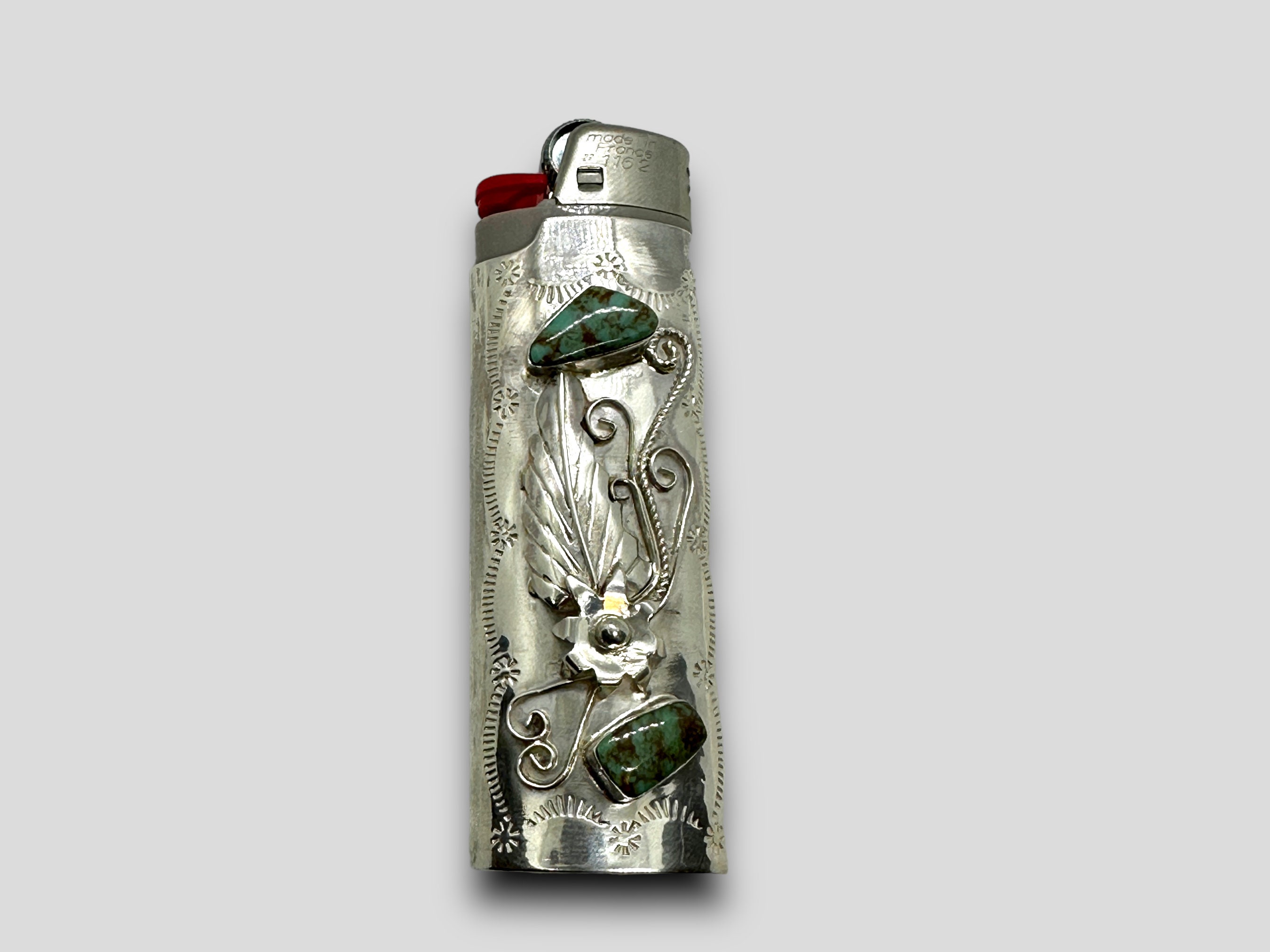 Vintage Sterling Silver Turquoise Full Size BIC Lighter Case -  Denmark