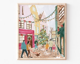 Christmas scene print |Winter Painting Print | Christmas scenery Illustration | English Town Painting |Painterly Snowy Christmas