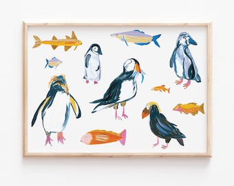 A3|A4|A5 | Penguin & Puffin | Nursery Wall Art |  Antarctic Print | Animal Wall Decor | Penguin print | Puffin Print | Nursery Decor| Animal