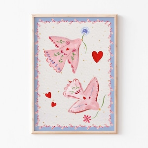 Pink Love birds |Vintage Nursery | pretty Illustration | Painted playroom art | baby child artwork | hand painted | Girl bedroom |