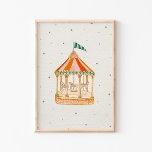 Carousel Art Print |Nursery Print | Fun fair Illustration | Whimsical quirky illustration | Unframed Print | baby child artwork | Painted