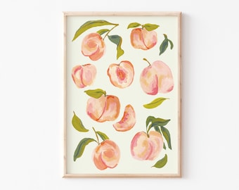 May include: A framed print featuring a whimsical illustration of peaches with green leaves on a light green background.