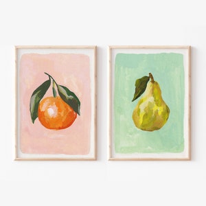 Fruit Print's Set of 2 |Orange & Pear | Colourful food Print |Fruit Illustration |Unframed Print 2 Pack |Kitchen Art |Food illustration