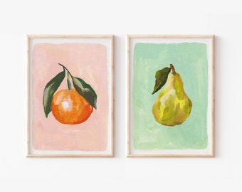 Fruit Print's Set of 2 |Orange & Pear | Colourful food Print |Fruit Illustration |Unframed Print 2 Pack |Kitchen Art |Food illustration