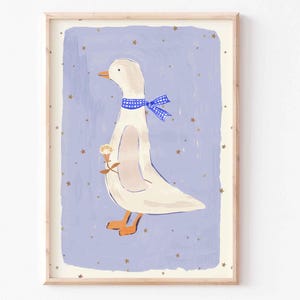 Estampado de ganso azul / Guardería vintage / Ilustración de pato / Ilustración pintada / Obra de arte para bebé / Pintada a mano / Dormitorio de niños /
