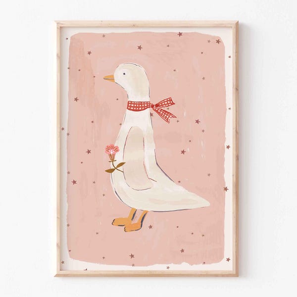 Gänsebild Rosa |Vintage Gänseblümchen | Ente Illustration | Gemalte Illustration | Baby Kind Kunstwerk | handbemalt | Mädchen Schlafzimmer |