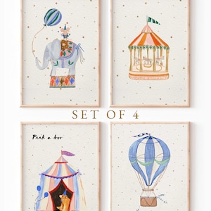 Affiches de cirque | Imprimer | pépinière vintage | Illustrations de la fête foraine | Illustration peinte | Impression sans cadre | oeuvre d'art pour bébé | Lot de 4