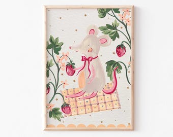 Strawberry mouse Art Print |Vintage Nursery | Animal Illustration | Painted | Unframed Print | baby  artwork | Children's bedroom wall art