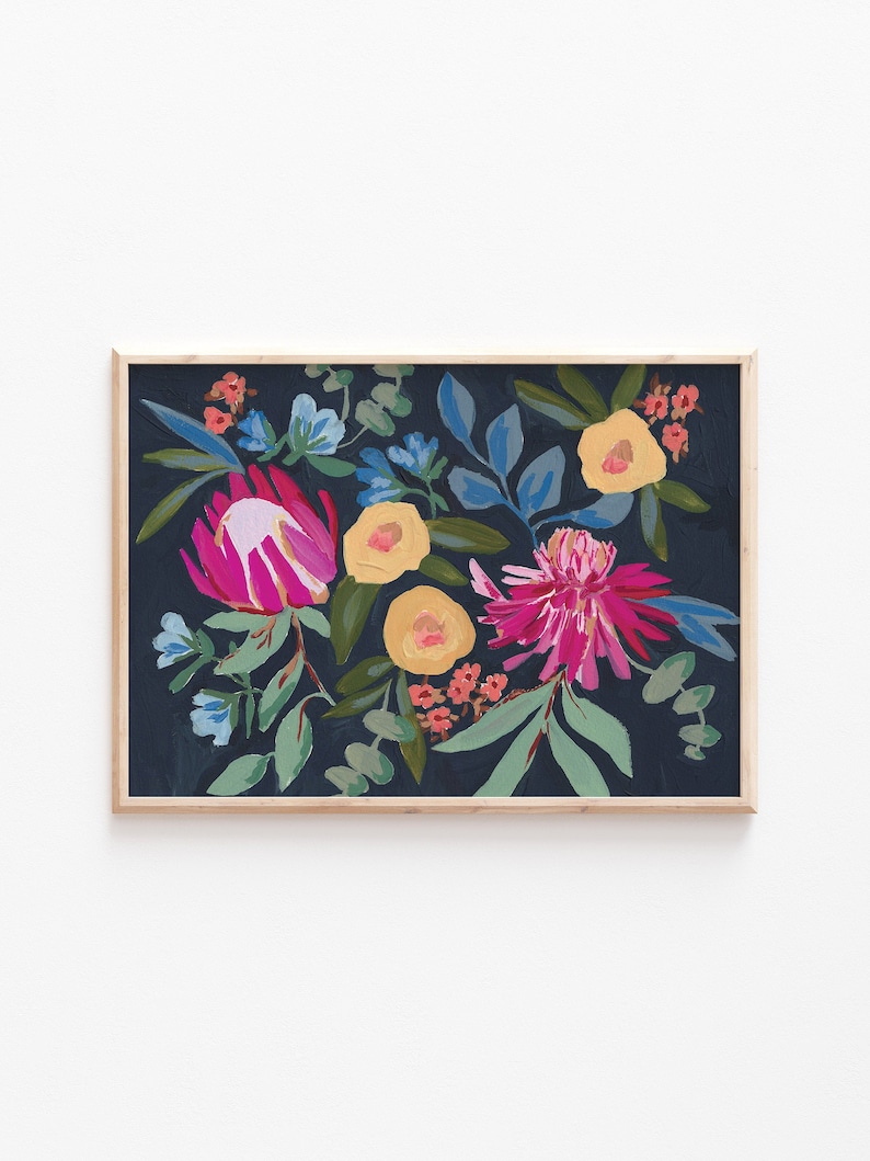 A3A4A5 Navy Flower Art Print Floral Painting Print Floral Illustration Bedroom Wall Art Unframed Print Painterly Navy Flower image 1