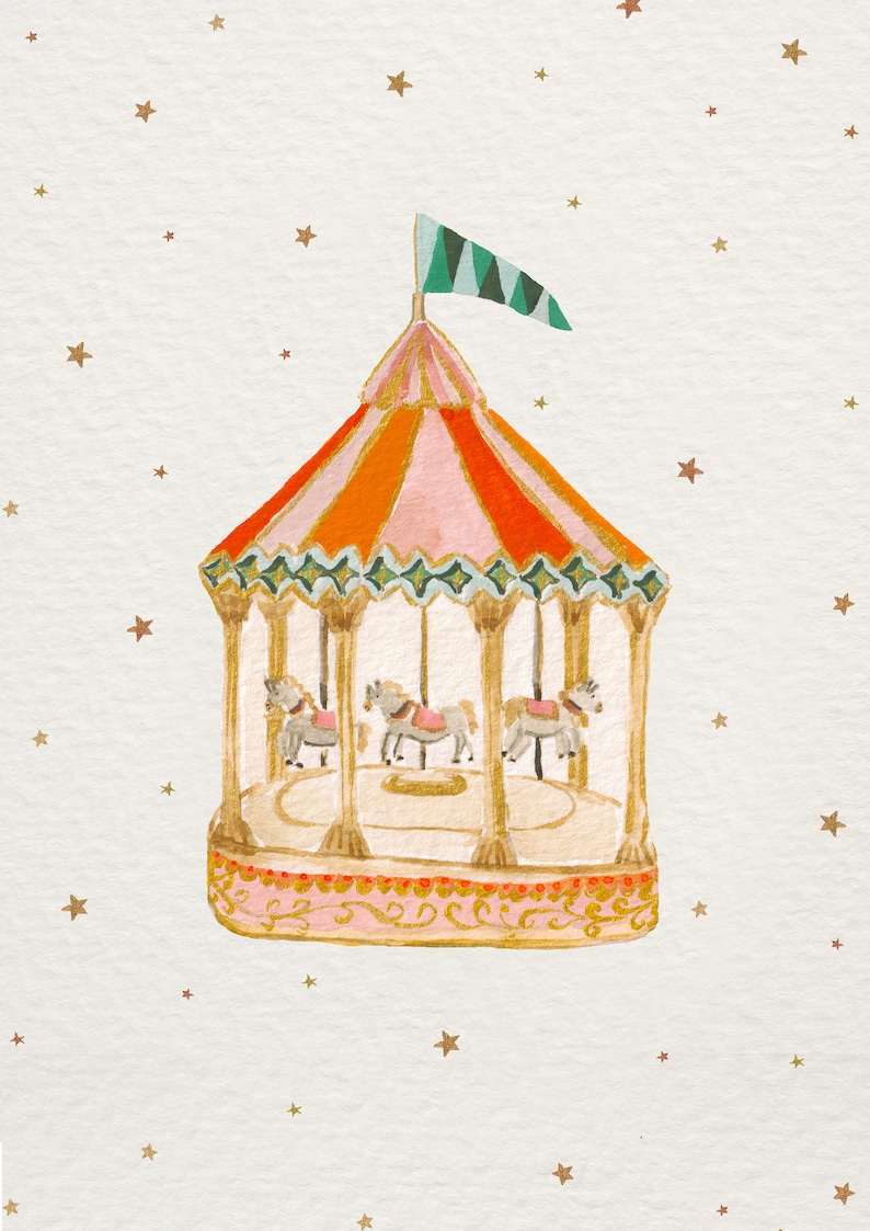 A3A4A5 Whimsical Carousel Art Print Nursery Print Fun fair Illustration quirky illustration Unframed Print baby child artwork image 5