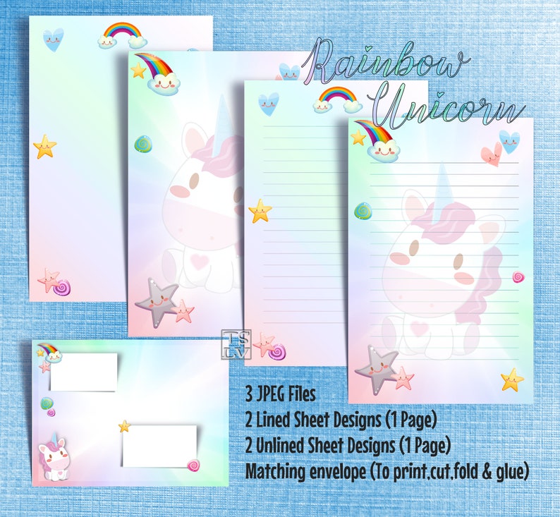 rainbow unicorn a5 printable stationery etsy
