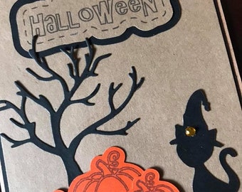 Happy Halloween card, black cat, pumpkins, greeting card, blank card, Handmade/Homemade card, 4.25 x 5.5 inch card