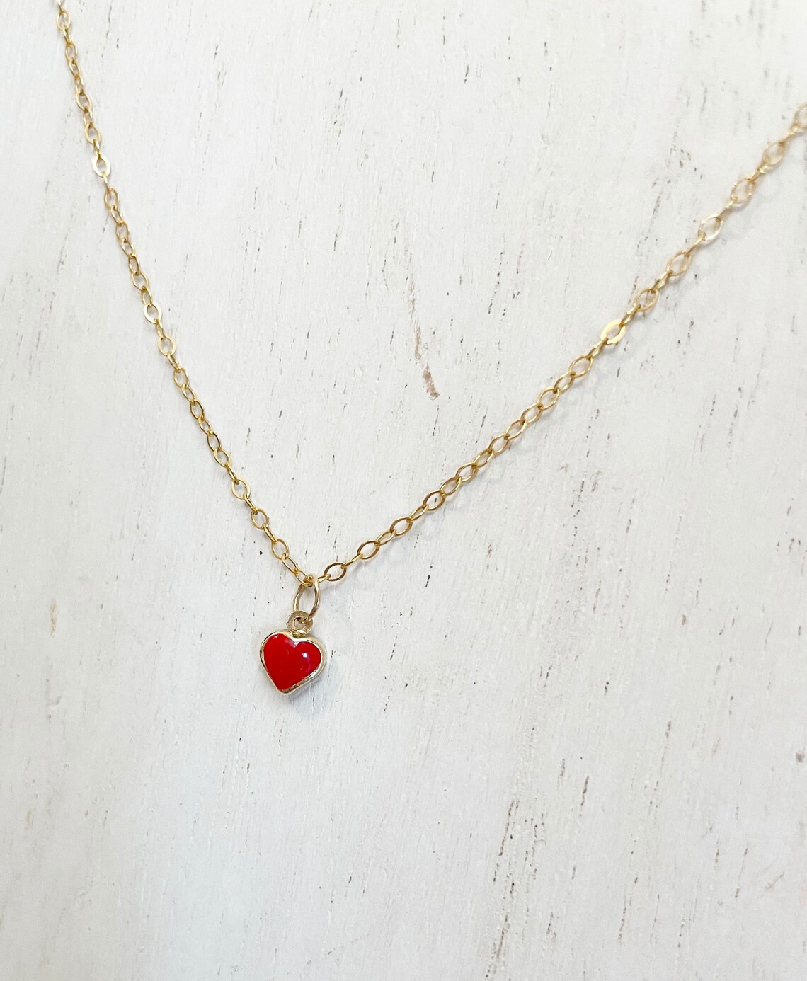 14k Gold Red Enamel Heart Charm Necklace Gold Filled Chain Etsy