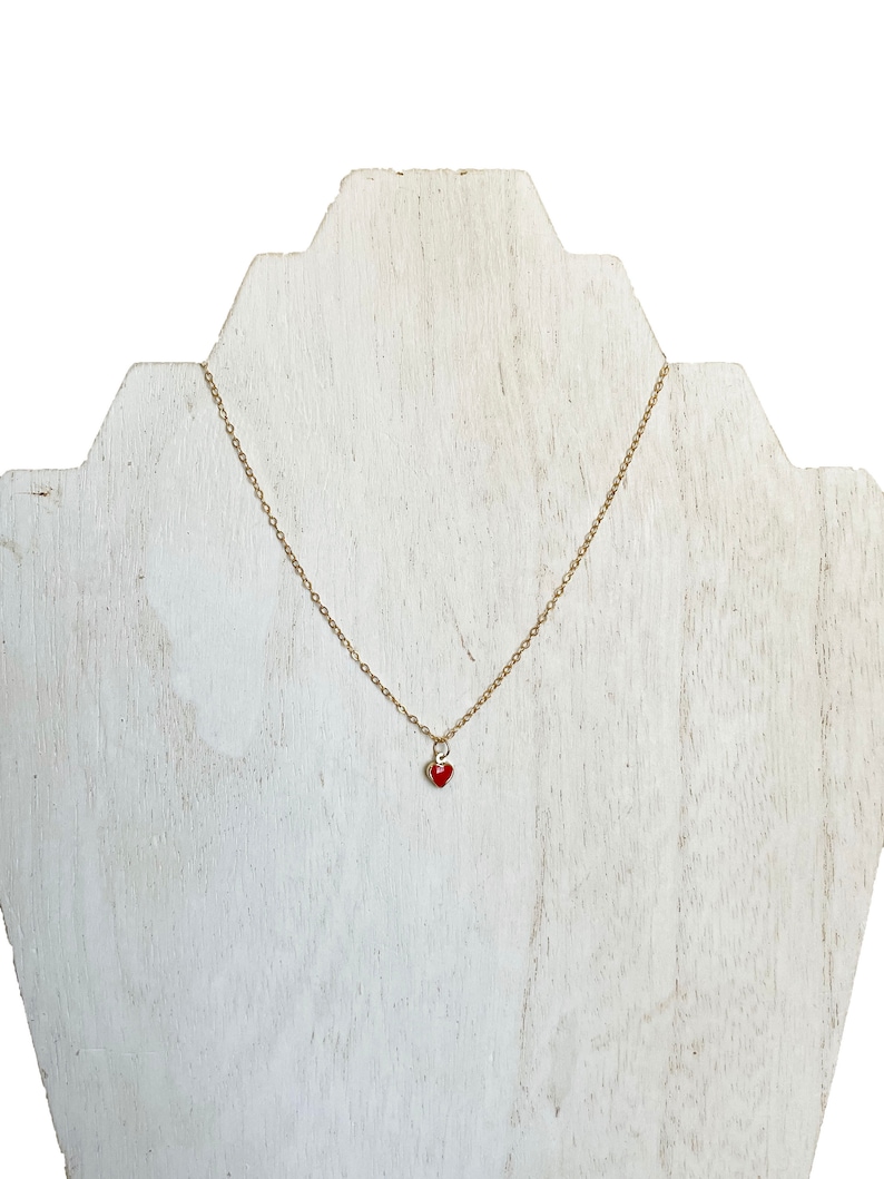 Gold Filled Chain Necklace 14k Gold Red Enamel Heart Charm Necklace