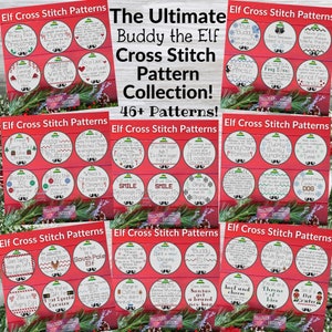 Puede incluir: Una colección de más de 46 patrones de punto de cruz de Buddy the Elf. Los patrones se muestran en una cuadrícula de 12 círculos con fondo rojo y contornos blancos. Cada círculo presenta una cita o imagen diferente de Buddy the Elf. El título "The Ultimate Buddy the Elf Cross Stitch Pattern Collection!" se muestra en la parte superior de la imagen.