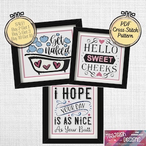Bundle of 3 Bathroom Sign Cross Stitch Patterns - Easy Cross Stitch Pattern - Printable and Pattern Keeper Compatible PDF Files