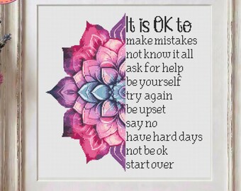 Inspirational Cross Stitch Pattern - Pink and Purple Watercolour Mandala (PDF Pattern)