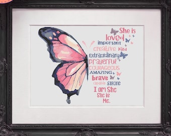 Inspirational I am She She is Me Cross Stitch Pattern - Pink and Blue Butterfly - Printable and Pattern Keeper Compatible PDF Files