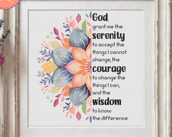 Serenity Prayer Cross Stitch Pattern - Floral Mandala - Mix and Match - Printable and Pattern Keeper PDF Files